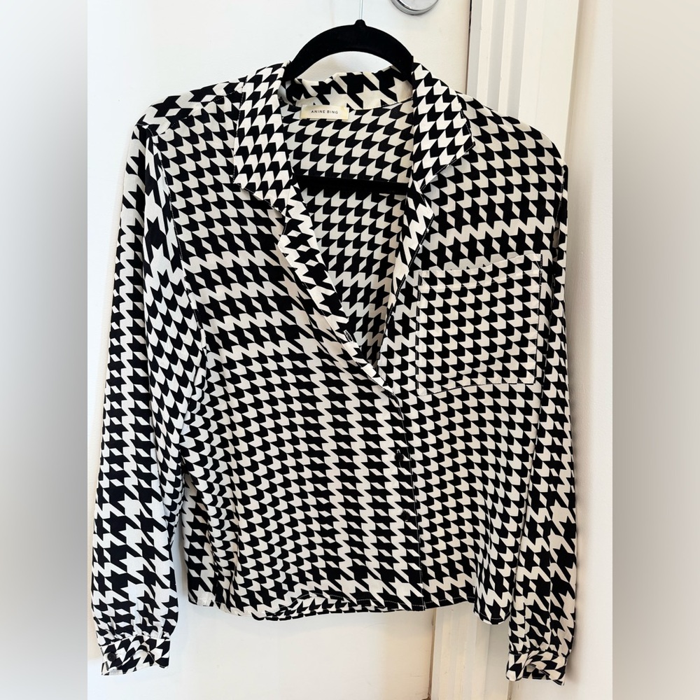 Anine Bing Black and White Houndstooth Button-Down Shirt